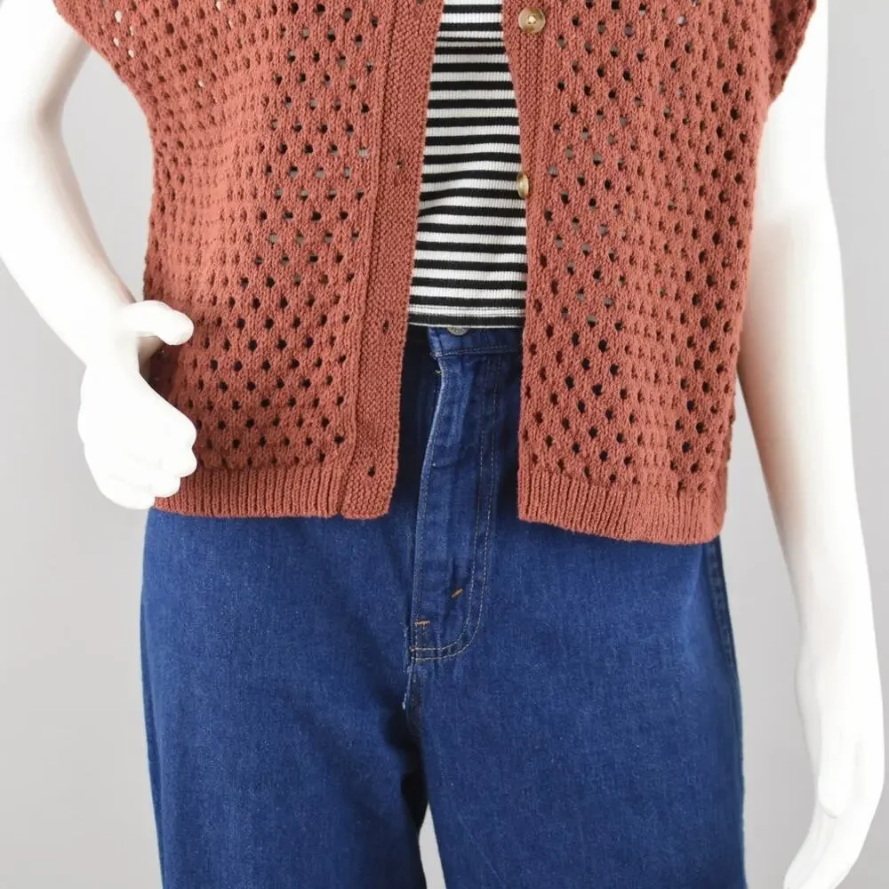 Loft Crochet Short Sleeve Brown Cardigan Women's Medium - Picture 3 of 13